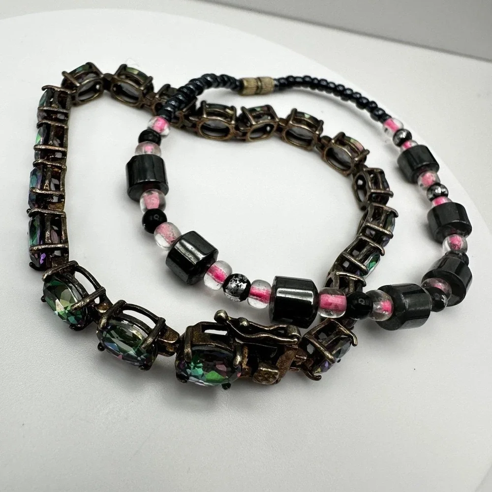 Vintage 90's Black & Pink Hematite Magnetic‎ Necklace & Wrap Bracelet Set Retro